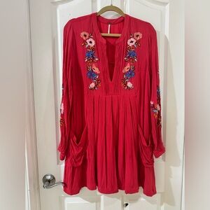 Free People Boho Coral Color Embroidered Tunic Dress